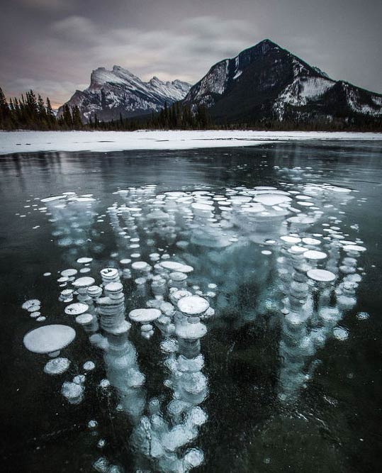 加拿大班夫国家公园沼气泡聚集湖面冰下壮观美景 点燃可成火海