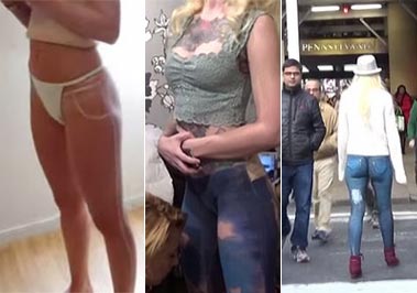 性感美女模特“穿着”人体彩绘牛仔裤穿梭纽约闹市