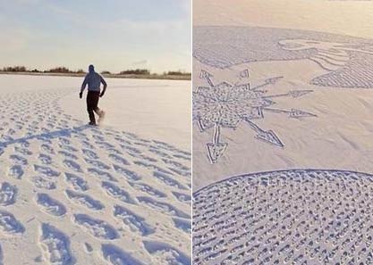 雪地画巨龙 艺术家在雪地里走了10个小时画出了一条巨龙