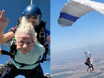 104岁老人刚刚成为世界最年长的双人跳伞者
